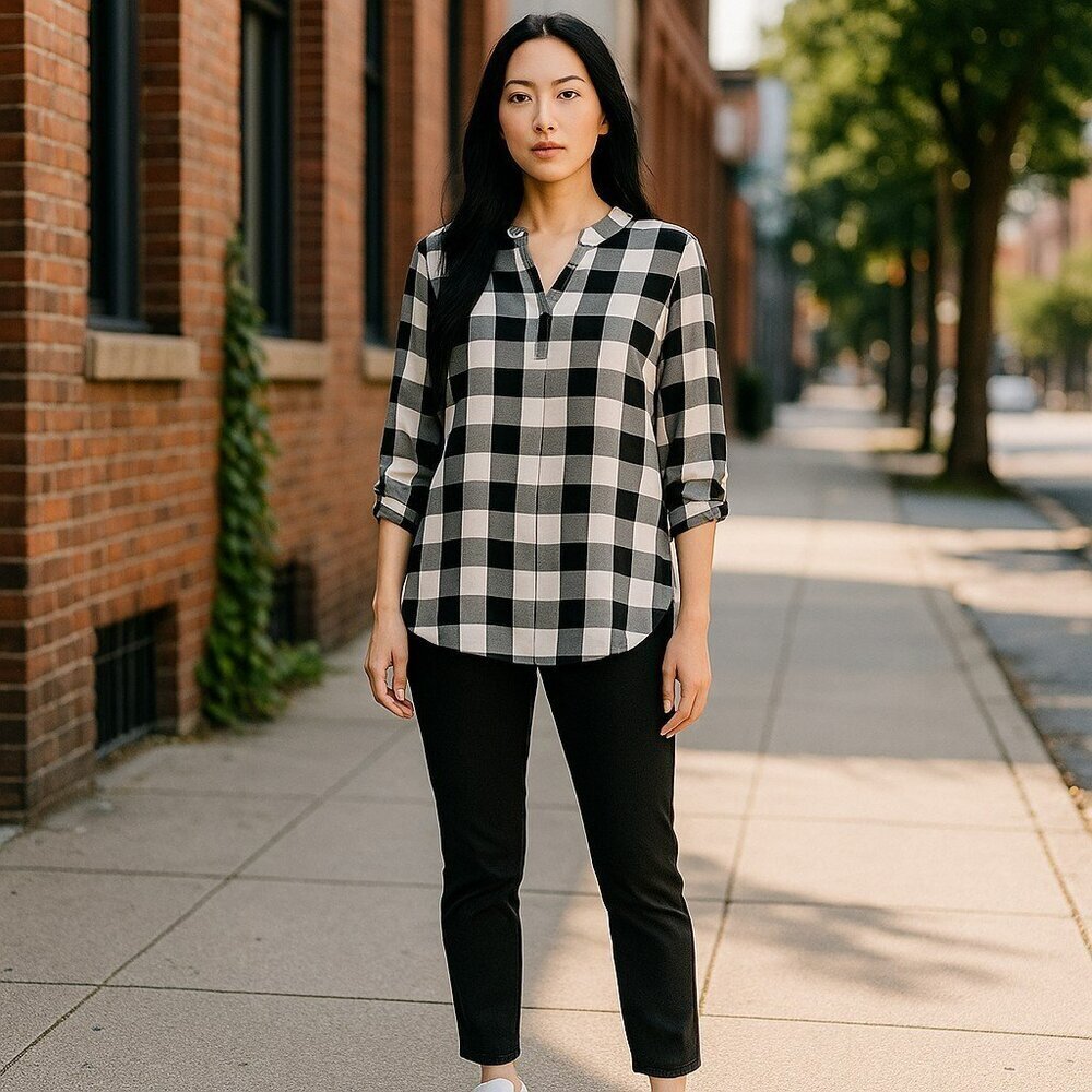 Kate Kasin Womens Small Black White Plaid Roll Up Sleeve Pullover Tunic Blouse S
